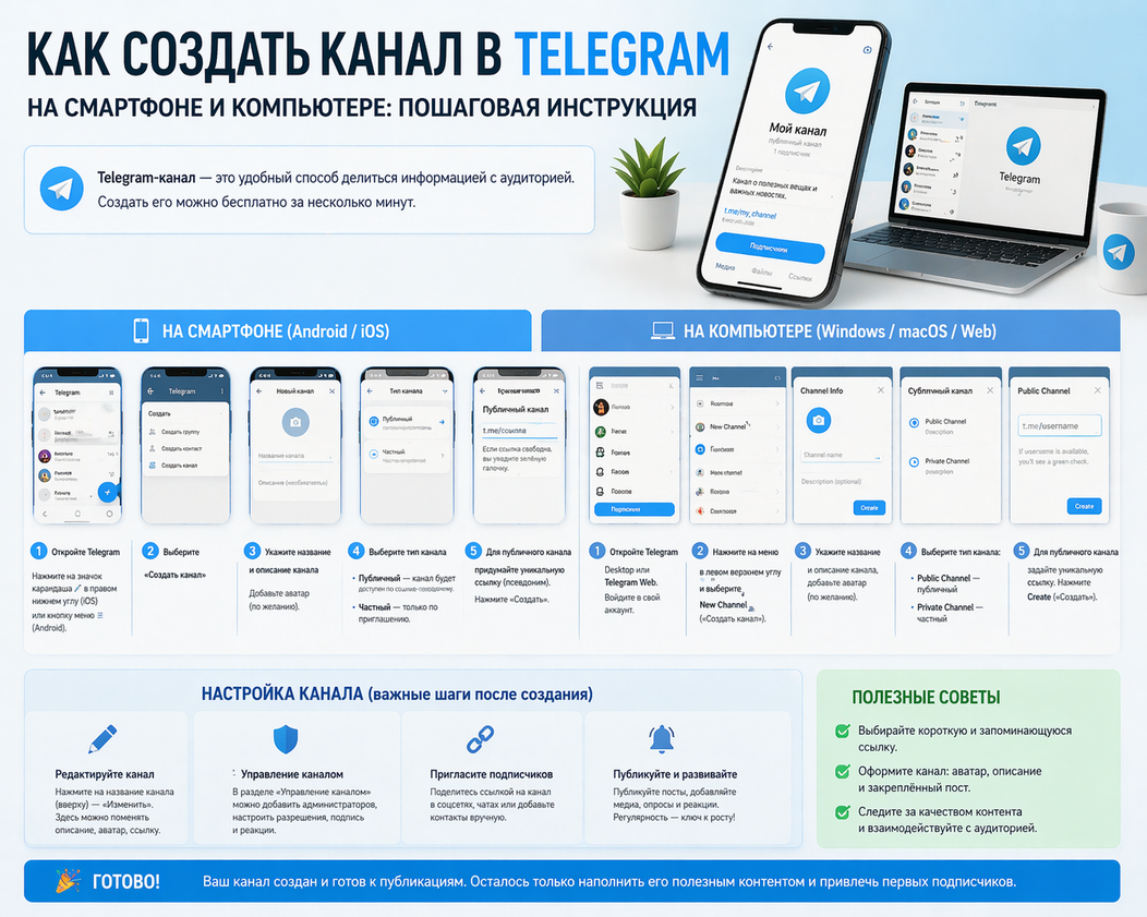 Как создать канал в Telegram на смартфоне и компьютере: пошаговая инструкция