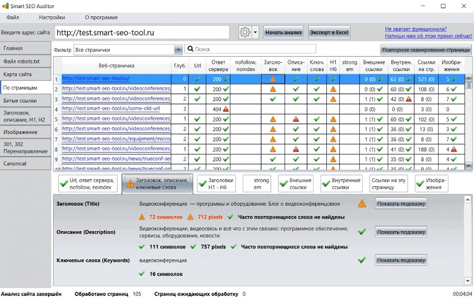 Меню услуг сервиса Smart SEO Auditor