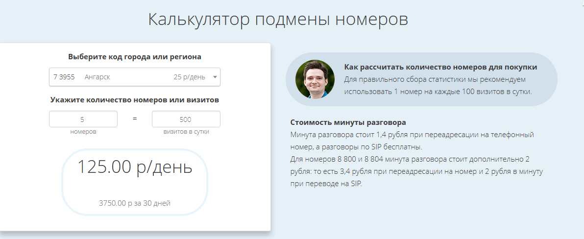 Как выглядит калькулятор подмены номеров Roistat