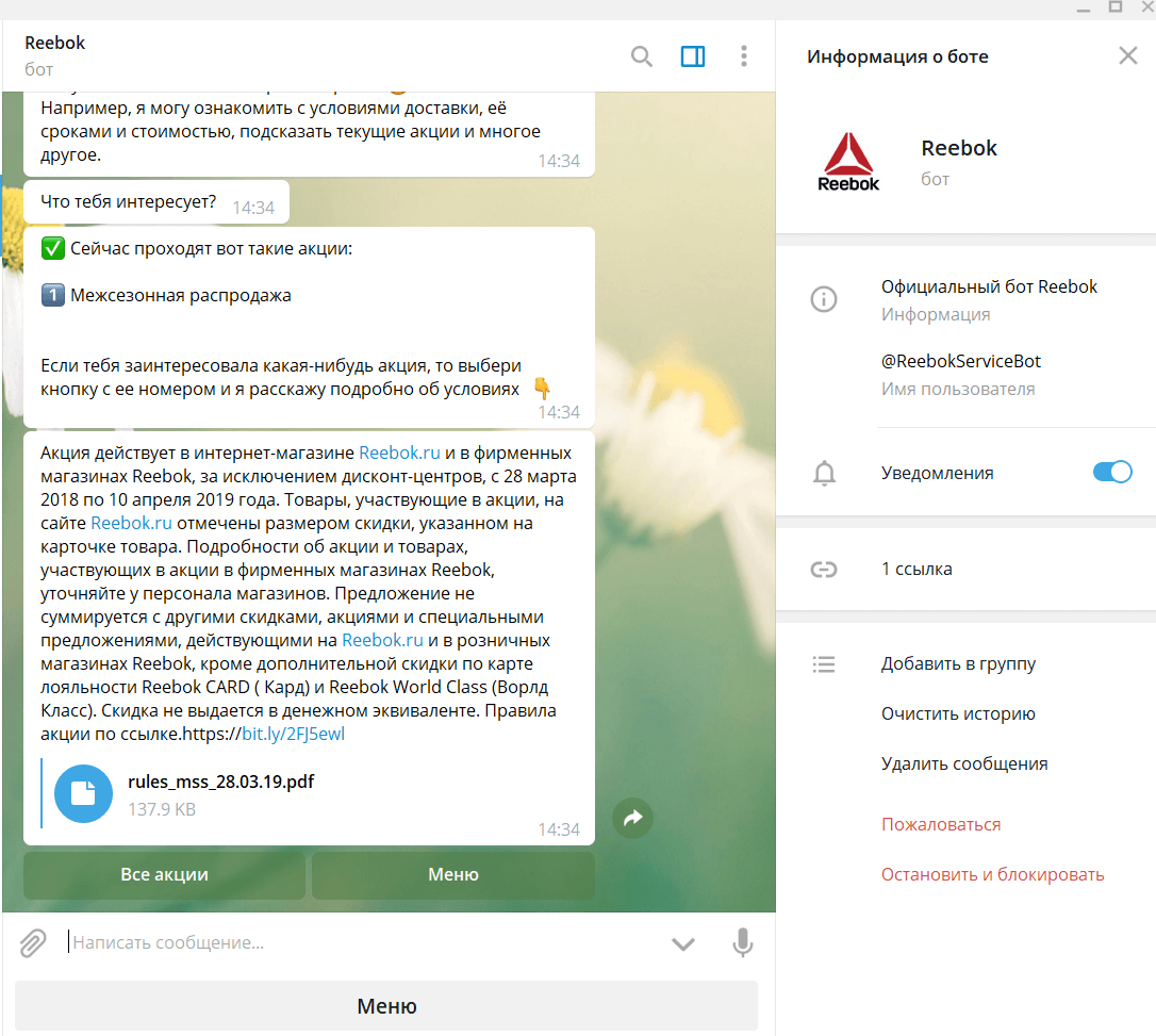 Пример чат-бота Reebok