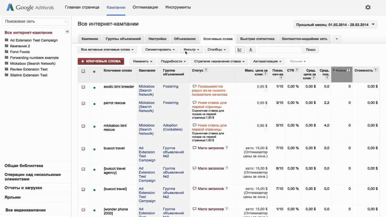 Отслеживание рейтинга объявлений в Google Adwords